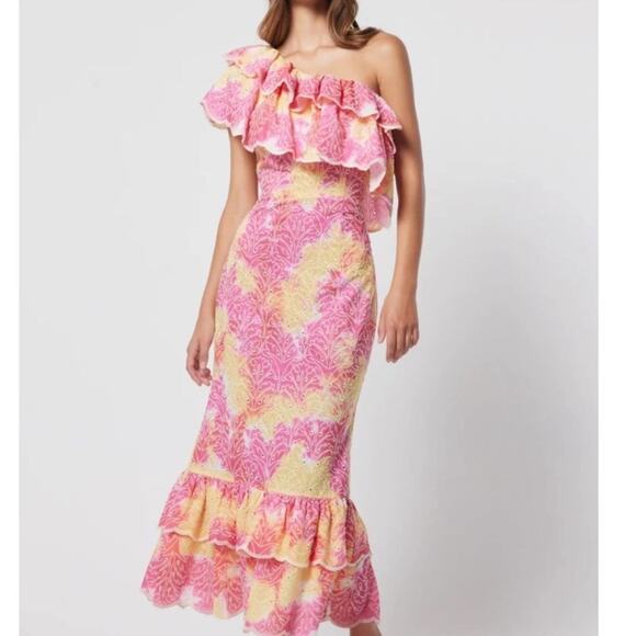 elliatt arundel pink one shoulder ruffle detail embroidered maxi summer dress - Picture 13 of 13
